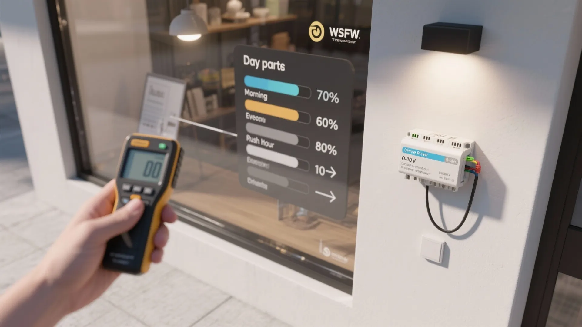 Hand holding digital meter near shop window with day parts lighting control menu on glass