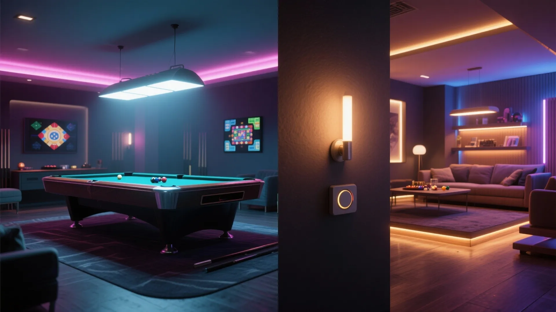 Modern game room with pool table next to living area featuring colorful neon light fixtures