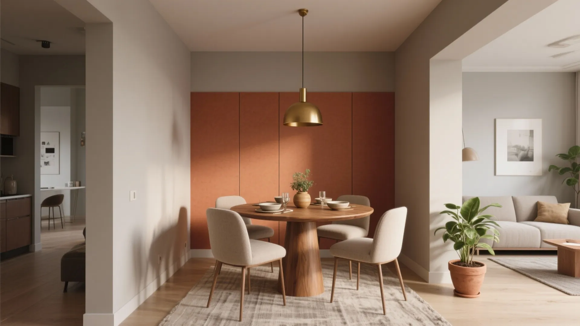 Modern dining room with round wooden table beige chairs gold ceiling light and orange wall panel