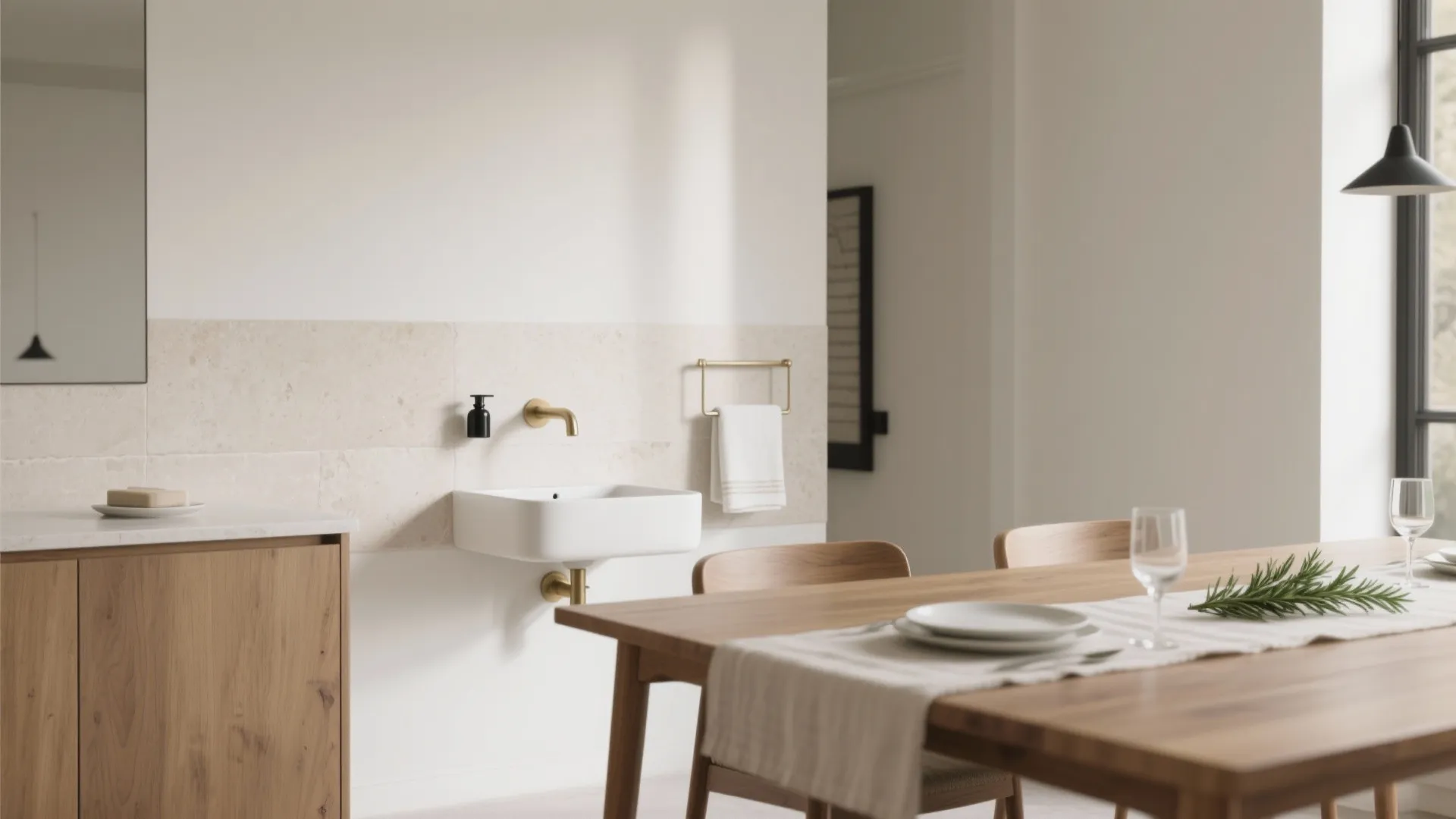 Modern white wall mounted sink with gold faucet next to a wooden dining table setup