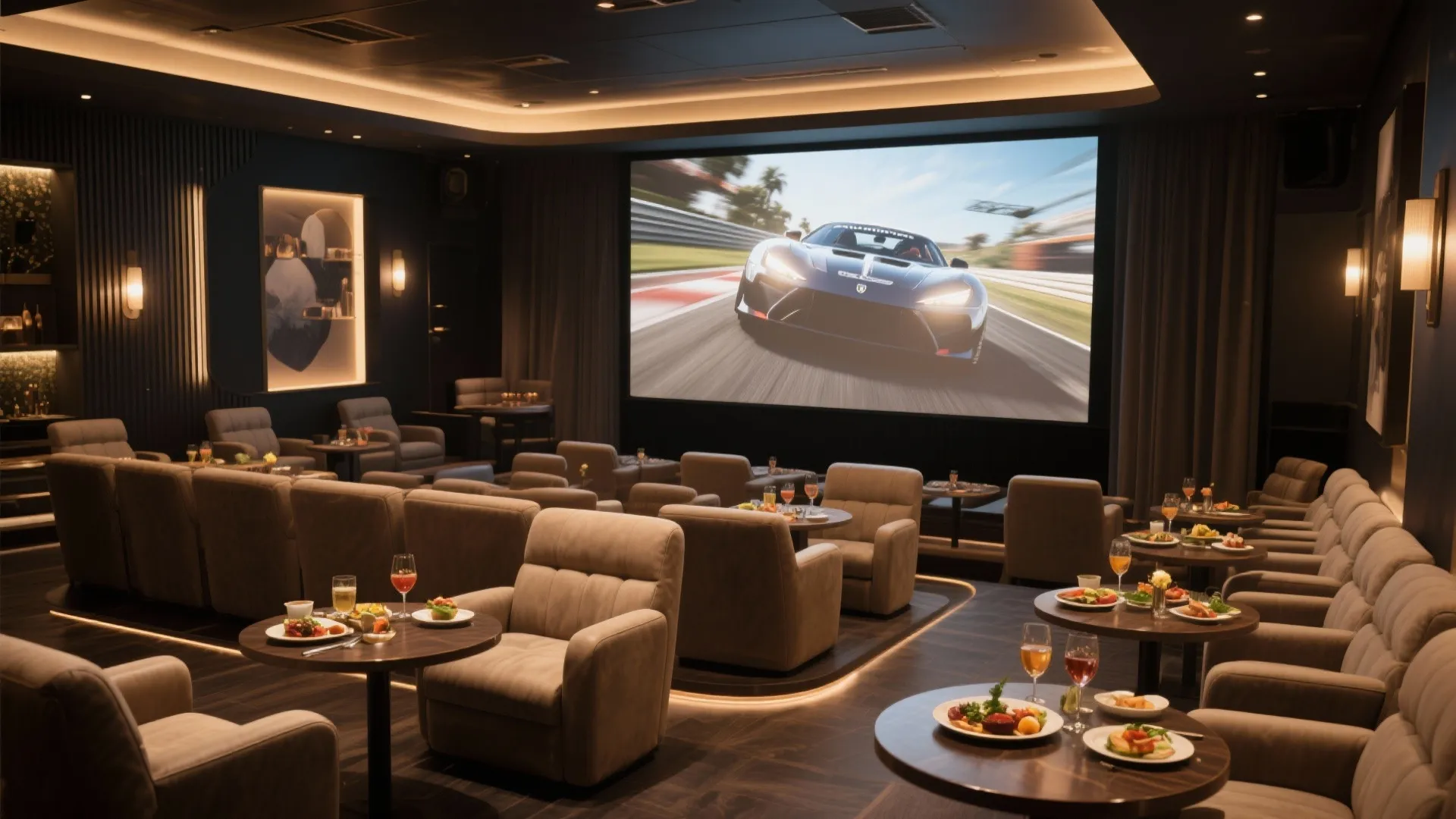 Luxury cinema with comfortable brown sofas small tables with food and a large movie screen