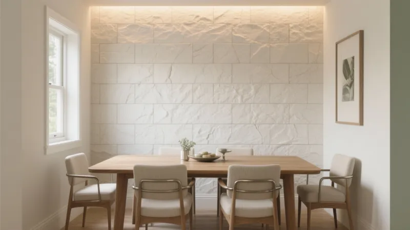 Modern Dining Room with Textured Accent Wall & Warm Lighting