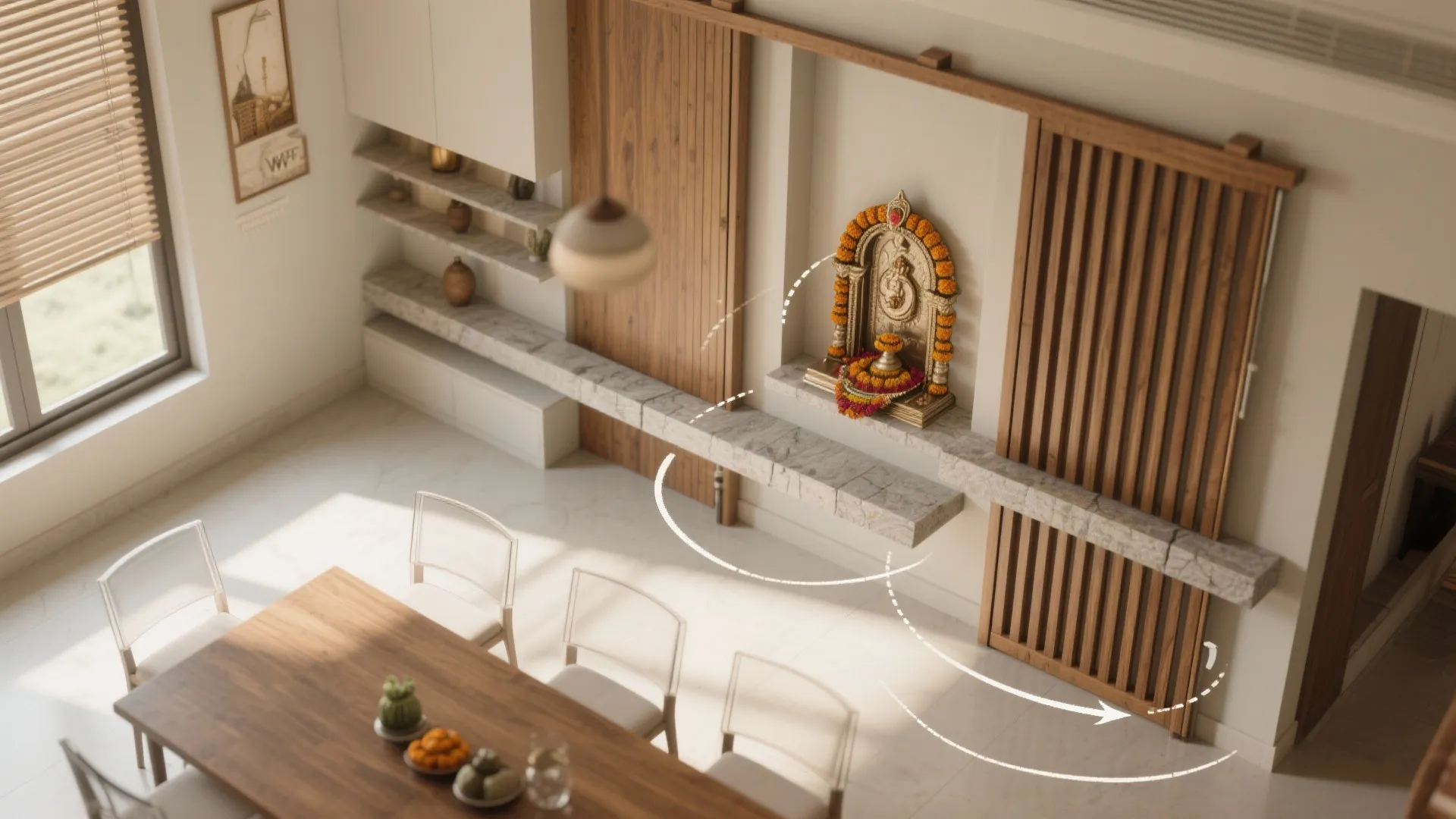 Sliding-panel shrine in the dining zone