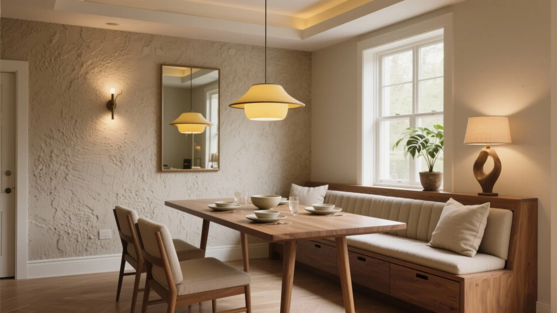 Bright dining area featuring a wooden table bench seating with cushions and a ceiling light
