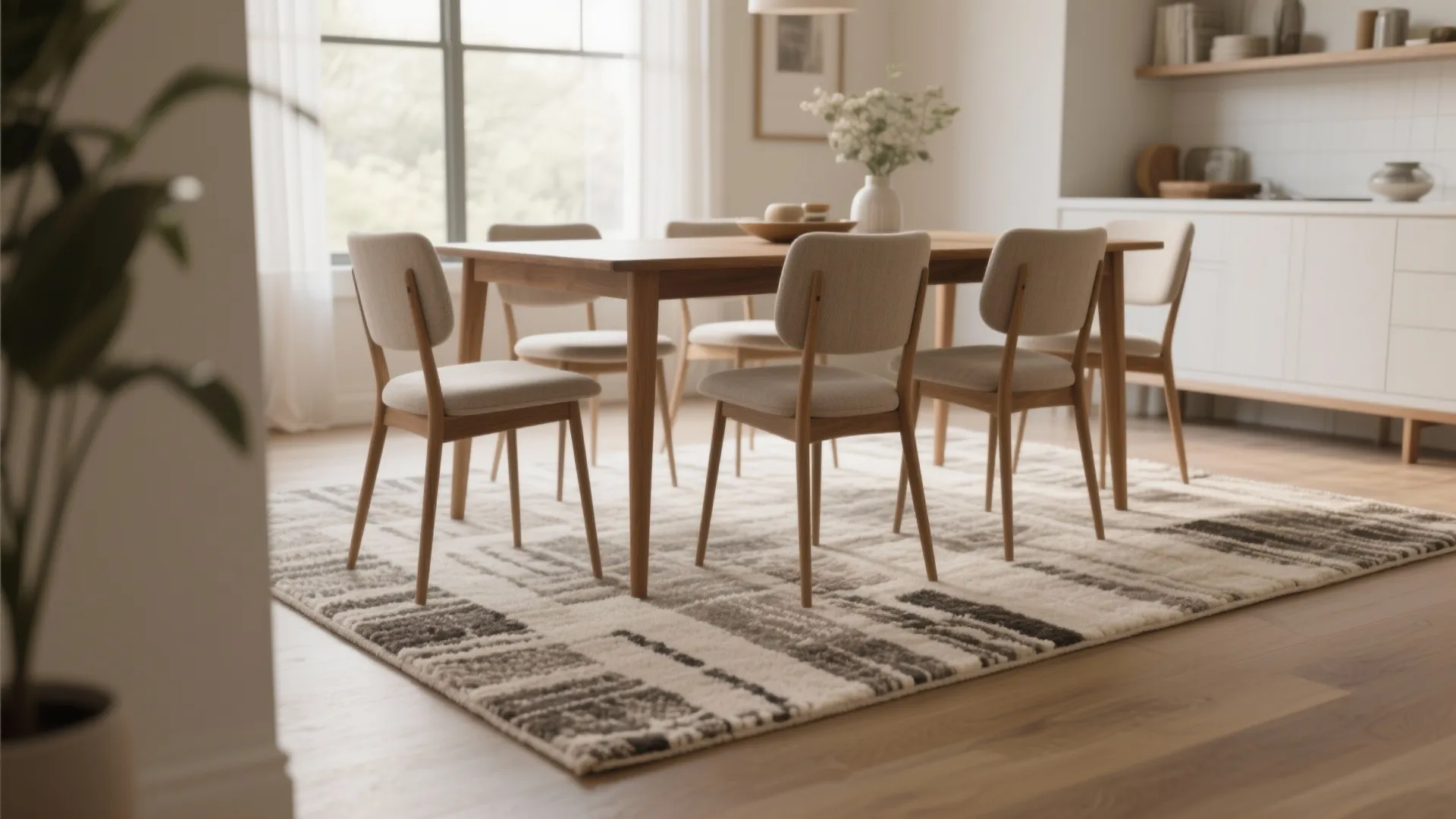Wooden dining table with beige chairs placed on a patterned rug in bright neutral room