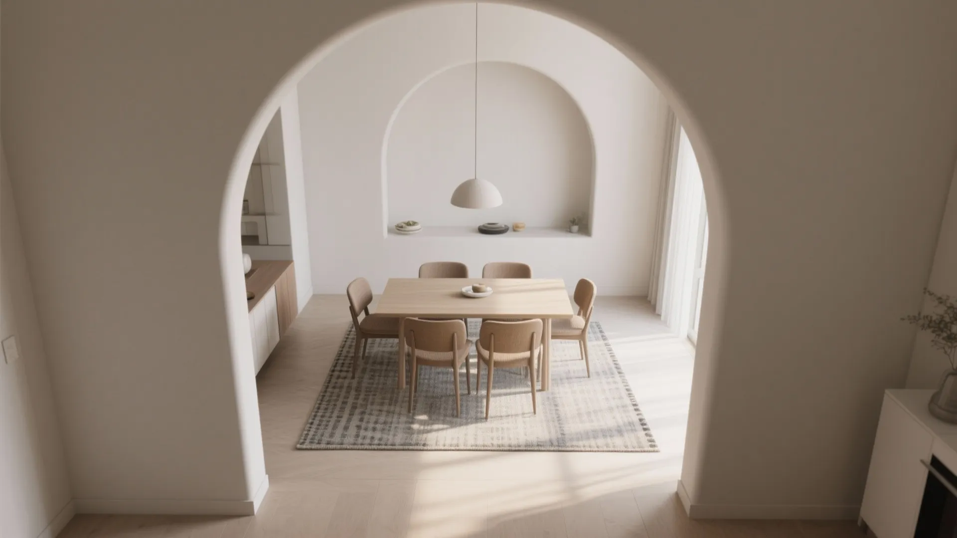 Minimalist dining room seen through archway with wooden table and chairs plus white ceiling light