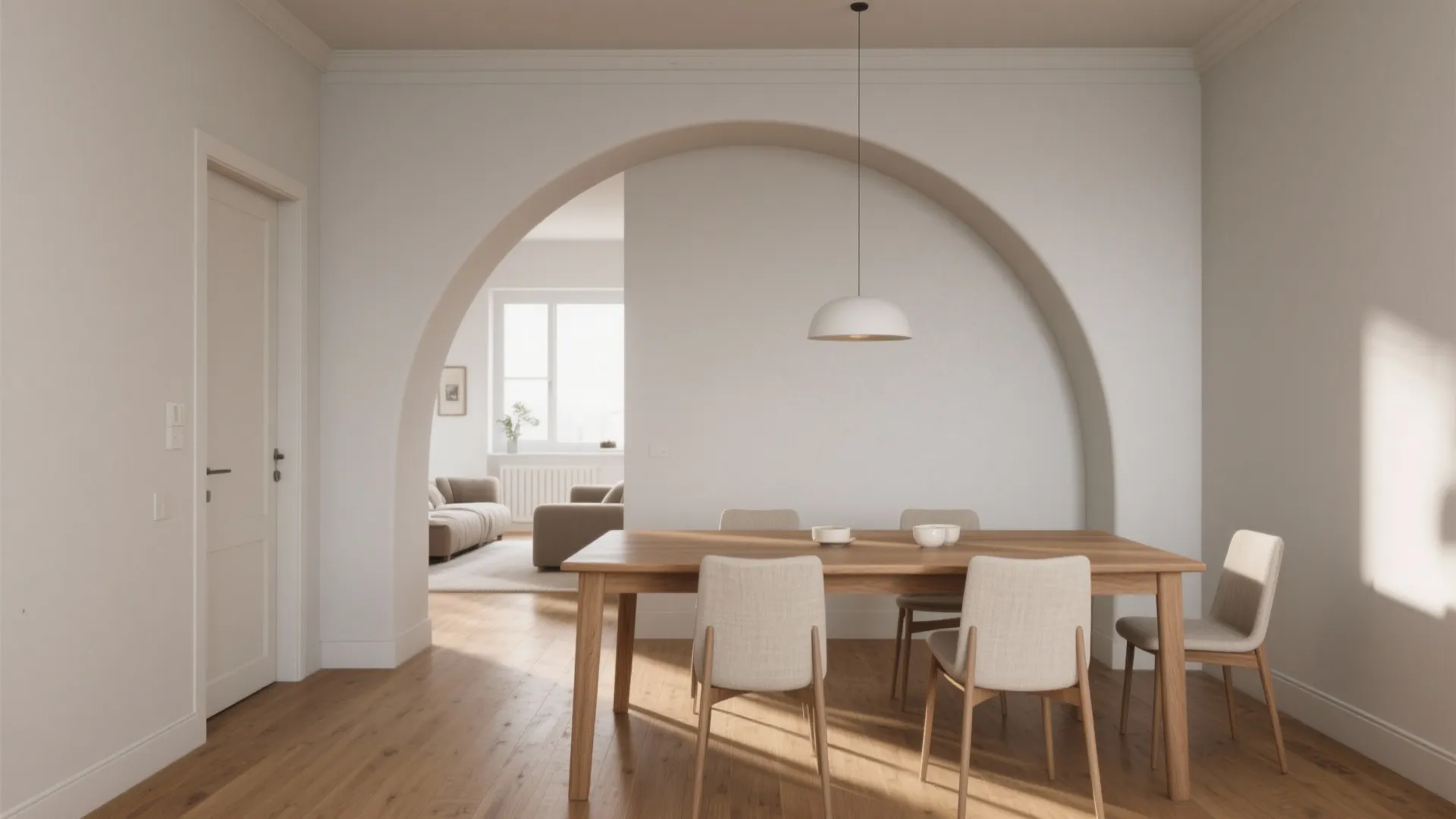 Modern dining area with wooden table and ceiling light seen through a large white archway