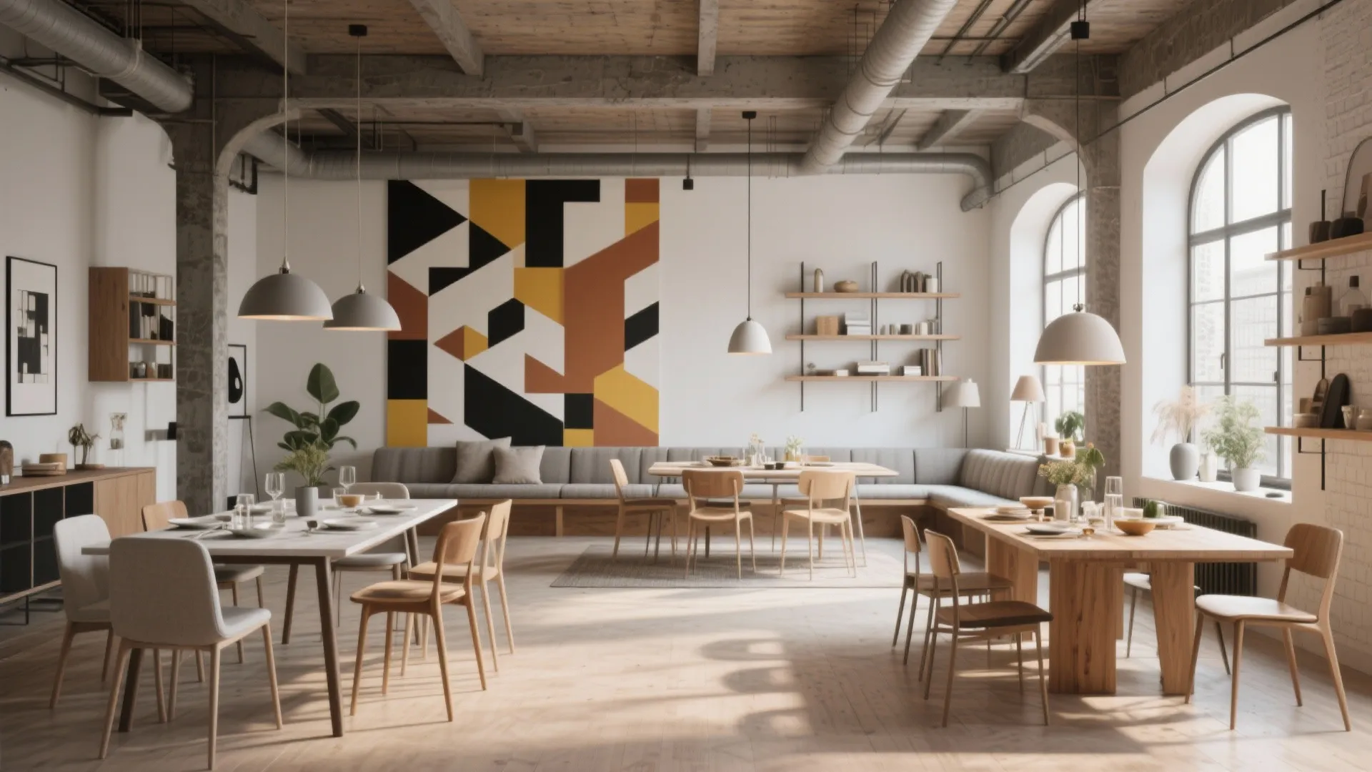 Large industrial dining room with wooden tables white chairs hanging lights and geometric wall art