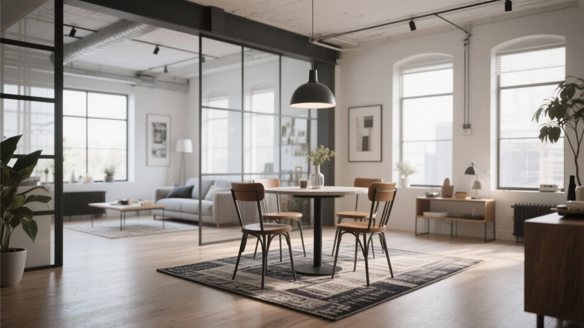 Industrial dining area featuring round table wooden chairs black ceiling light and large patterned rug