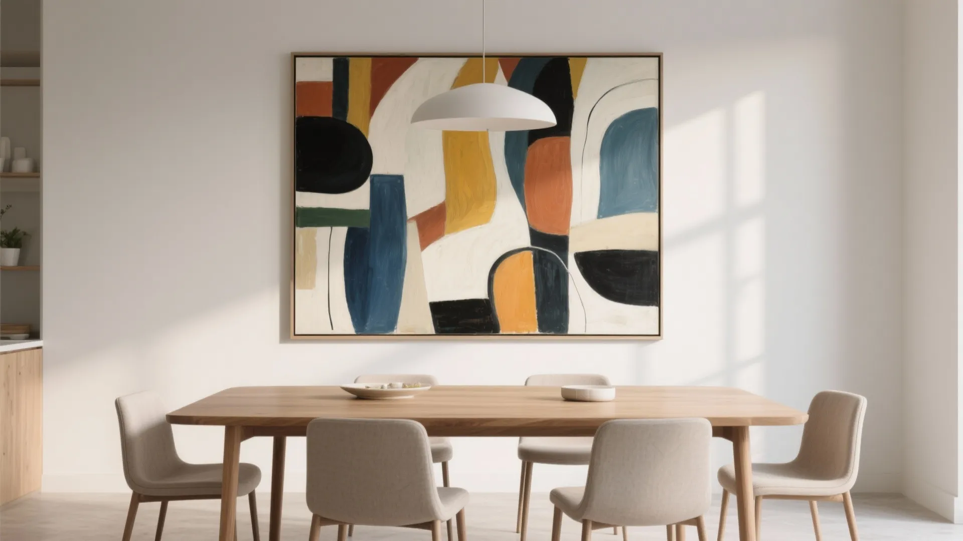 Large abstract wall art above wooden dining table with beige chairs under a ceiling light