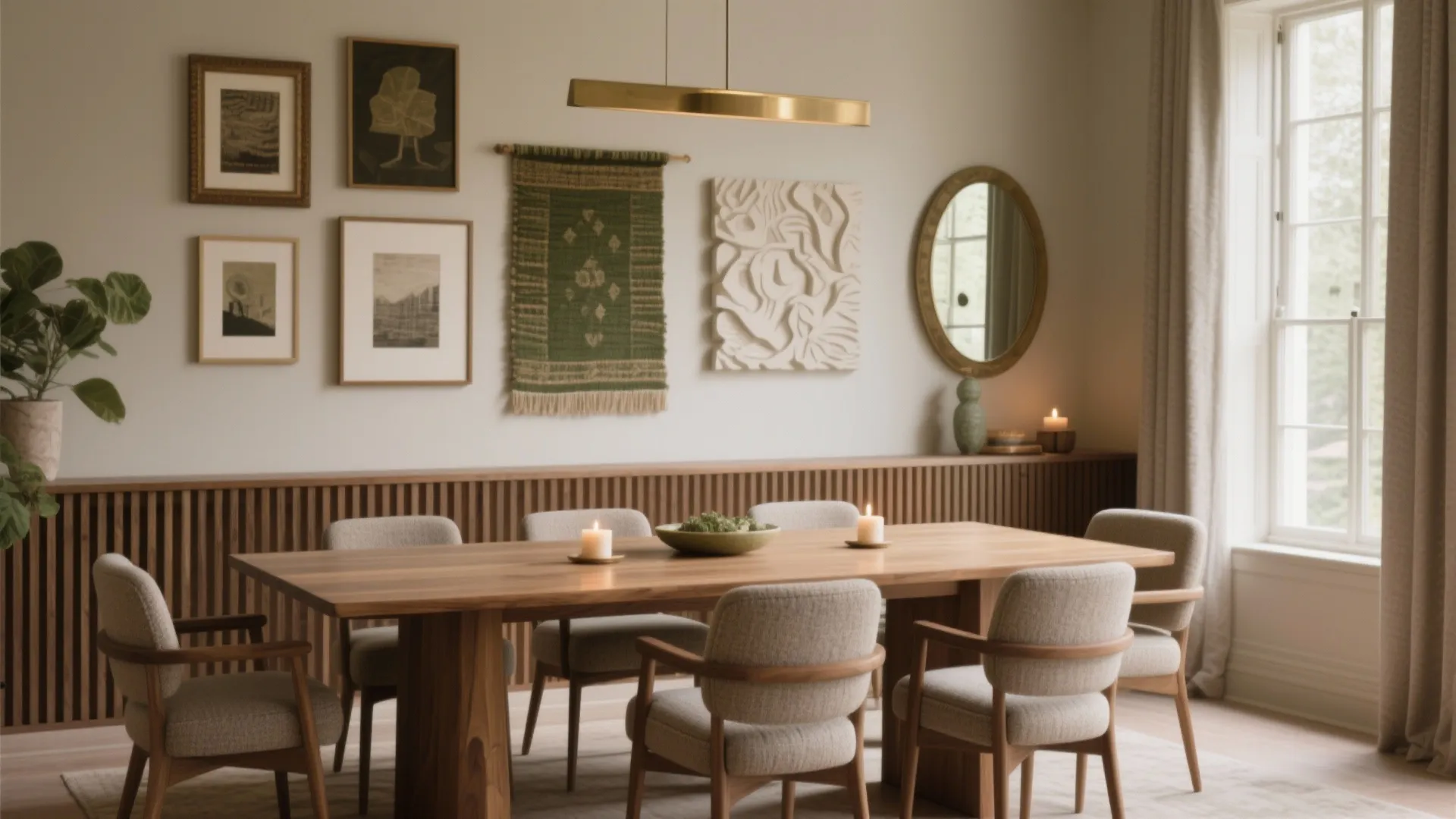 Modern dining room with wooden table grey chairs gold ceiling light and elegant wall art
