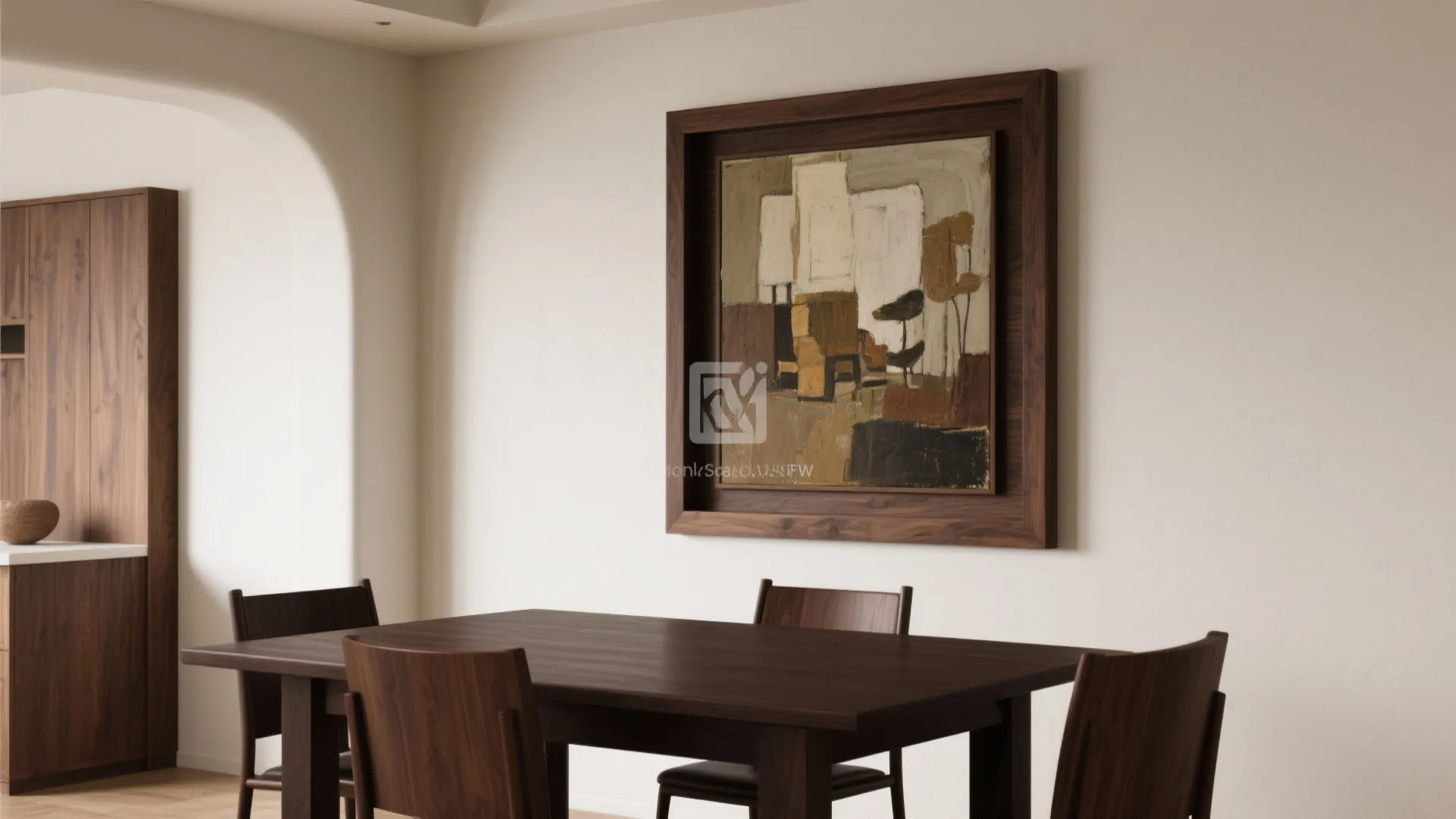 Modern dining room with dark wood table and chairs featuring a large framed wall painting
