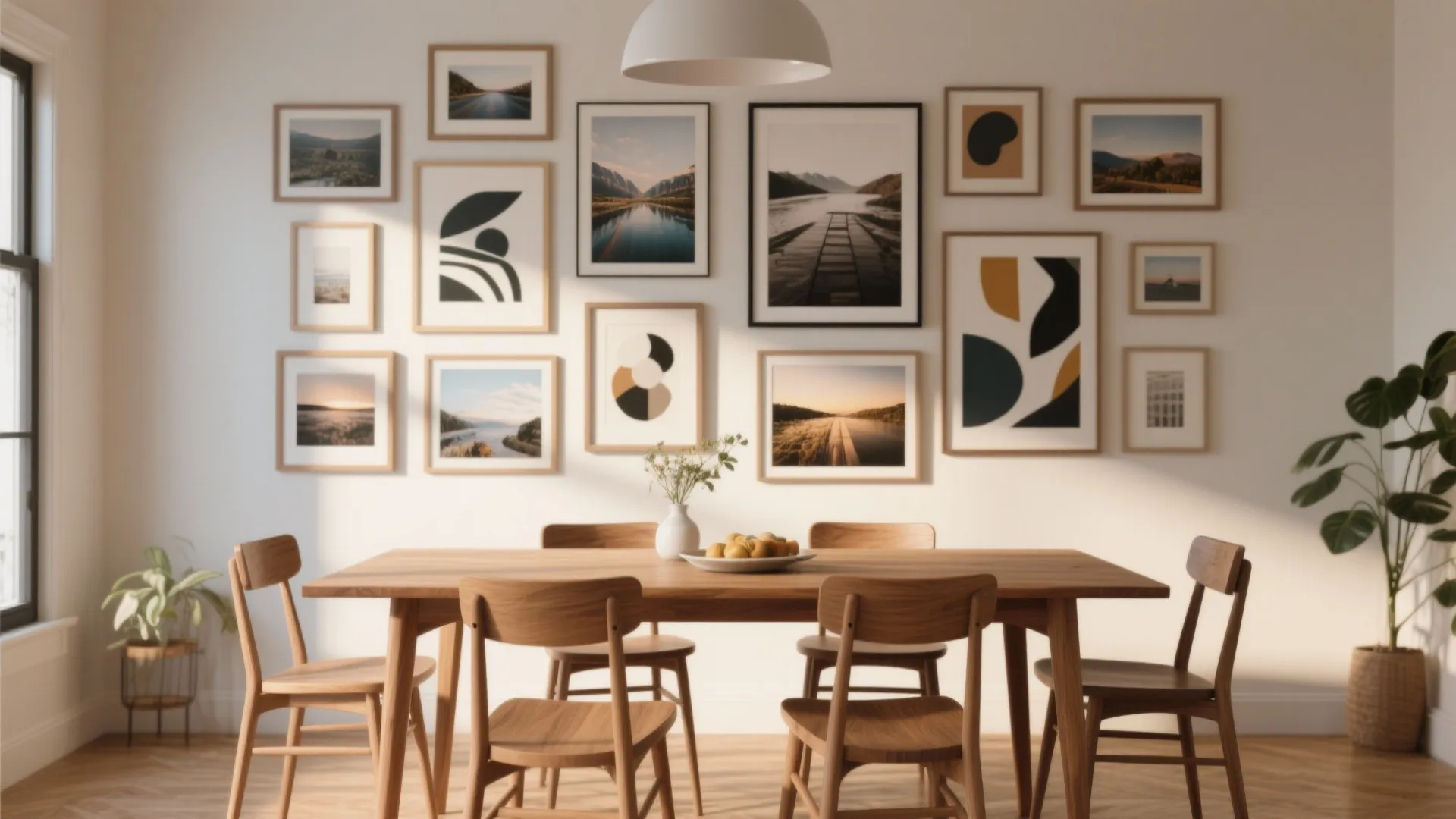 Dining room wood table with chairs and many framed pictures on wall in natural bright light