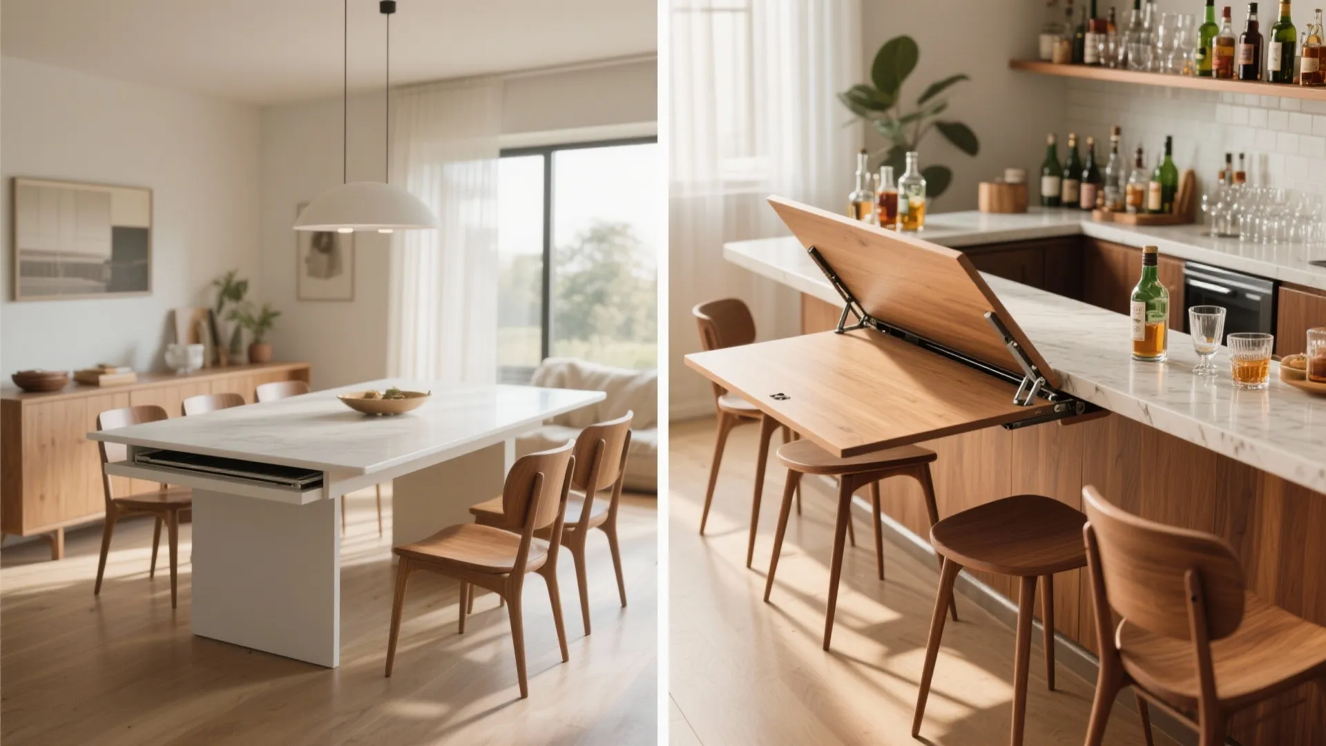 Before and after view of a dining table with a fold-down bar leaf deployed for serving drinks.