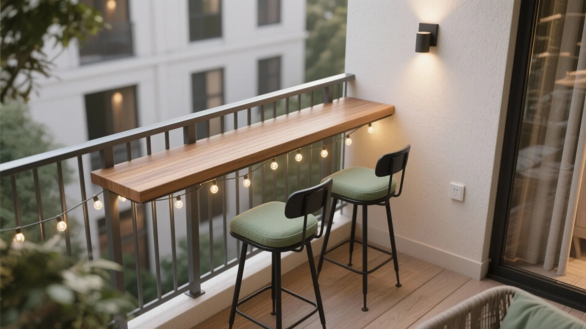 Modern balcony bar area with wooden counter, green stools, string lights, and urban city view