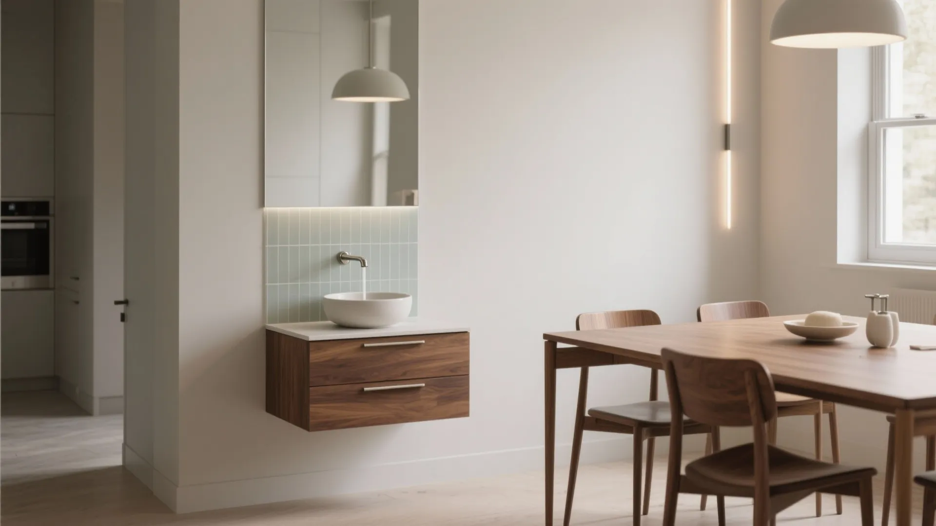 Modern dining room with wood table and chairs next to small white sink on cabinet