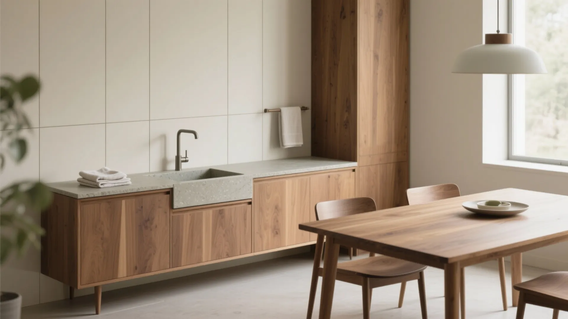 Minimalist dining room featuring wooden table matching cabinets stone sink and a white hanging light