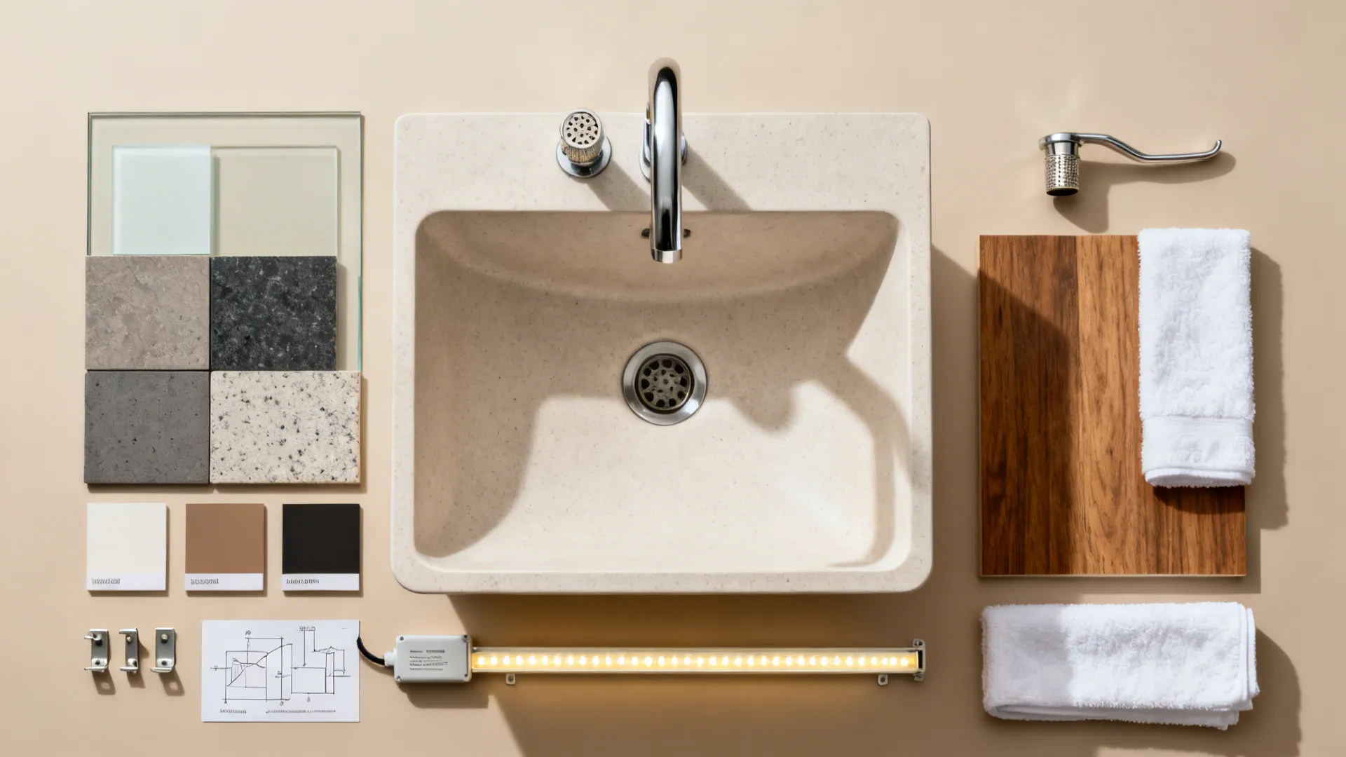 Top-down material set with glass, honed stone, quartz, wood veneer, matte solid-surface, faucet parts, and LED strip.
