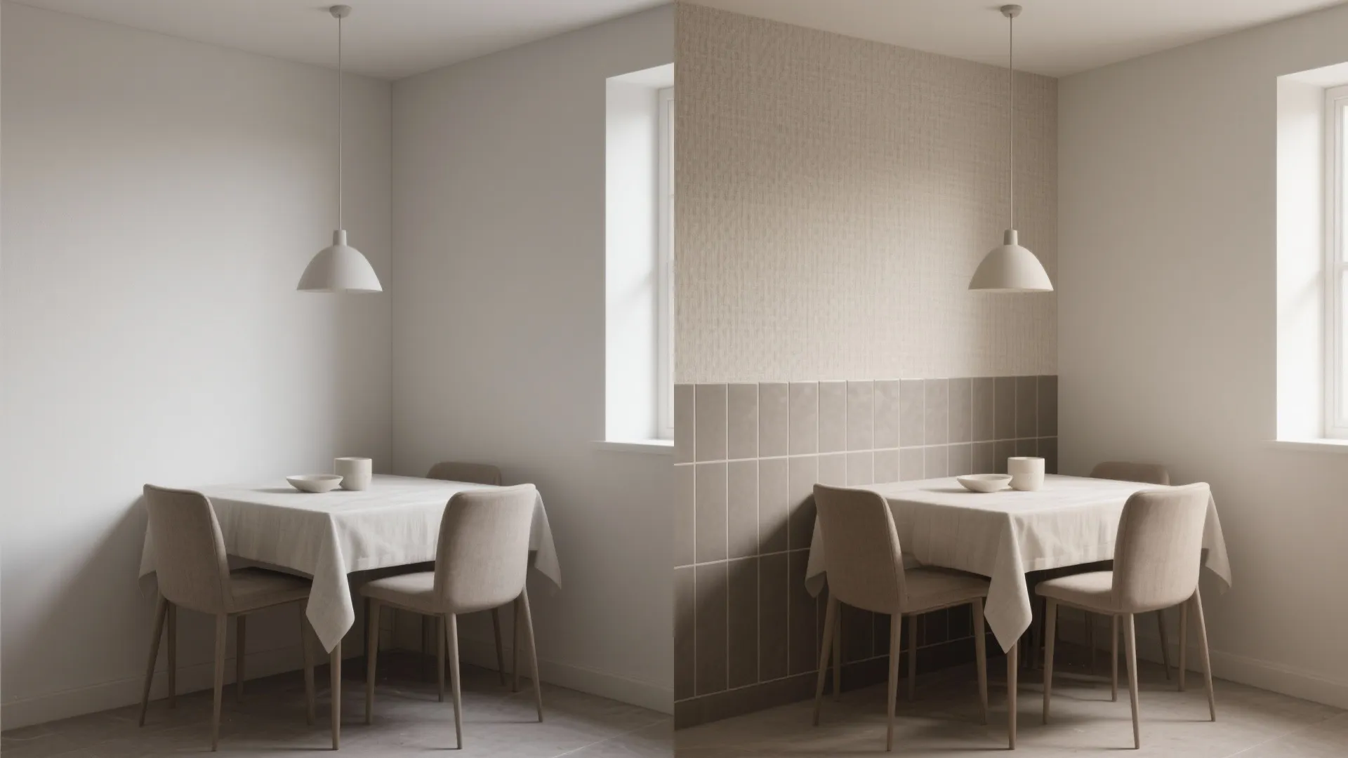 Before and after comparison showing a dining room corner updated with new textured wall panel
