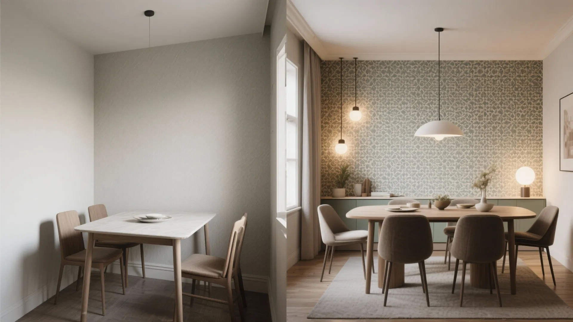 Before and after comparison of a simple dining area versus a decorated room with green wallpaper
