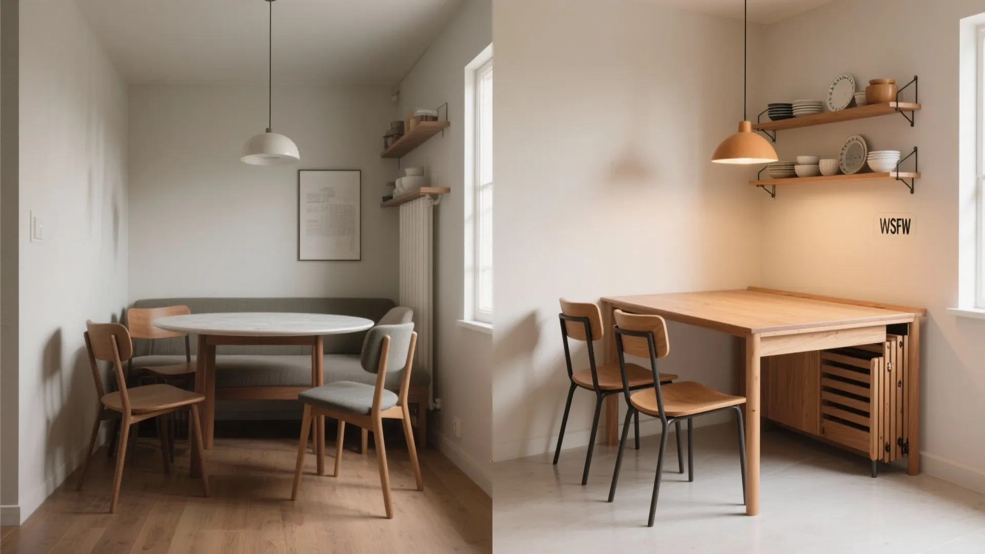 Before and after comparison of a minimalist dining room with wood table and neutral colored furniture