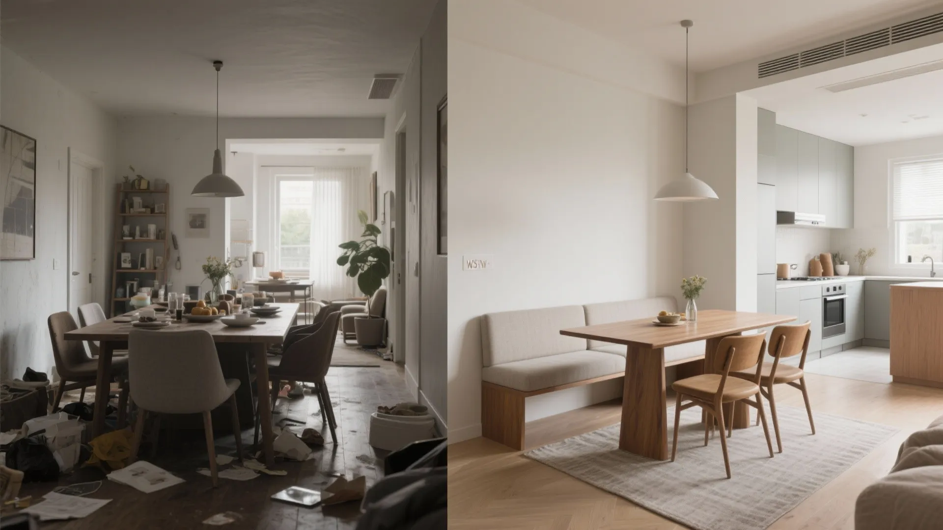 Before and after comparison of a messy dark dining room versus a clean modern dining area