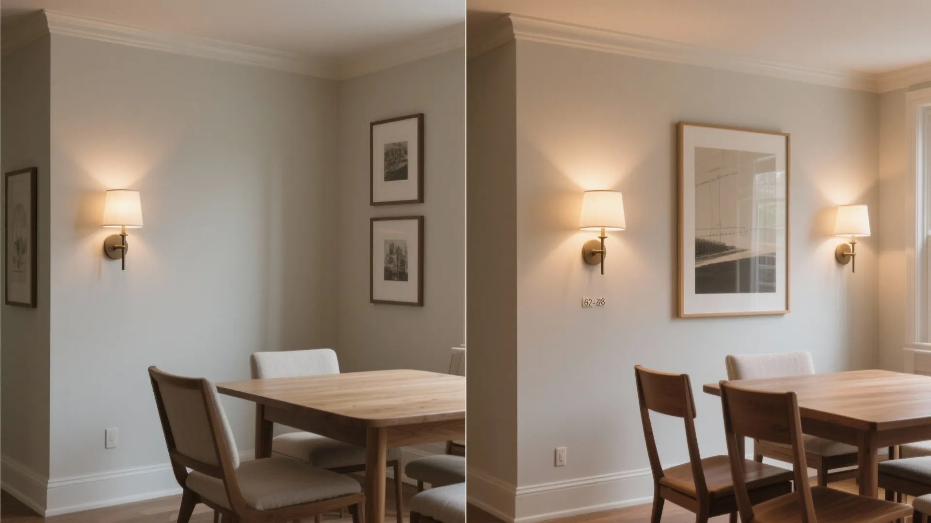 Before and after comparison of a dining room with updated wall lights and framed pictures.