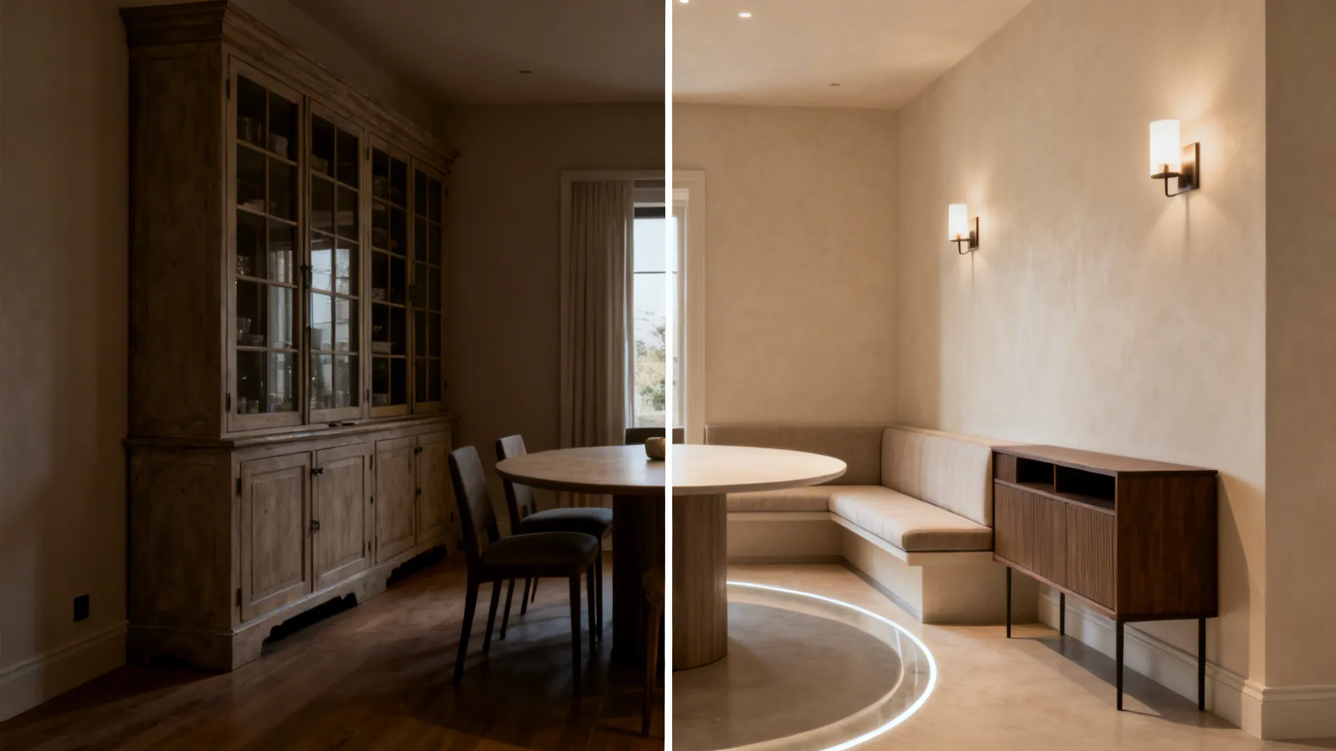 Before and after split screen showing dark traditional dining furniture and a bright modern room