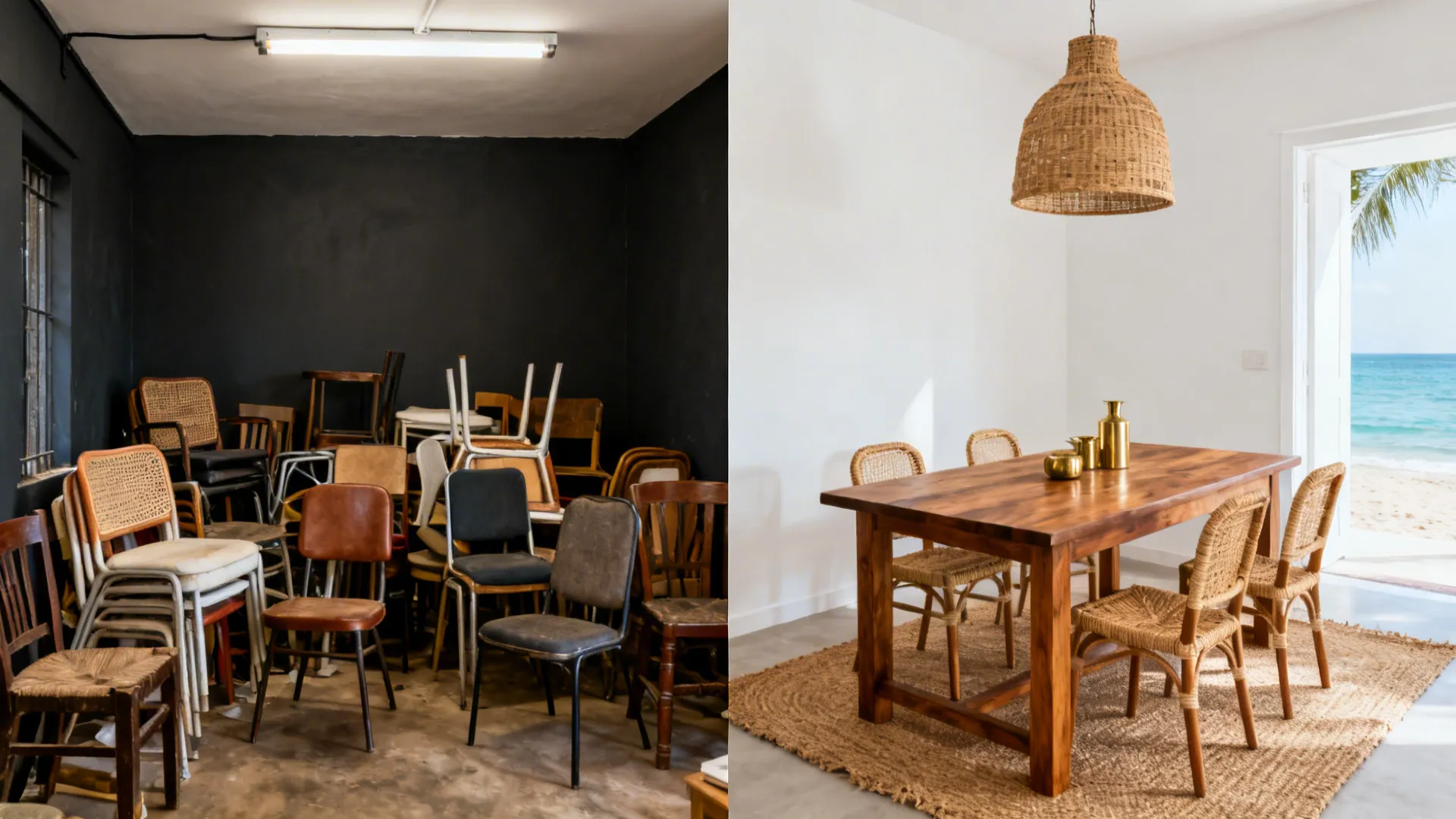 Before and after comparison of messy storage room and a bright modern coastal dining room