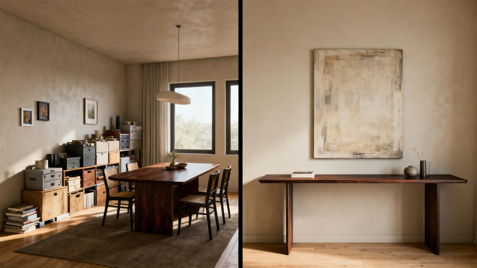 Before and after comparison showing a cluttered dining room transformed into a clean minimalist interior space