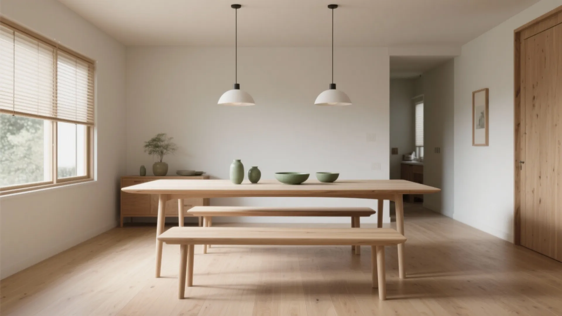 Modern wooden dining table with benches, white ceiling lights, green pottery, and natural window light