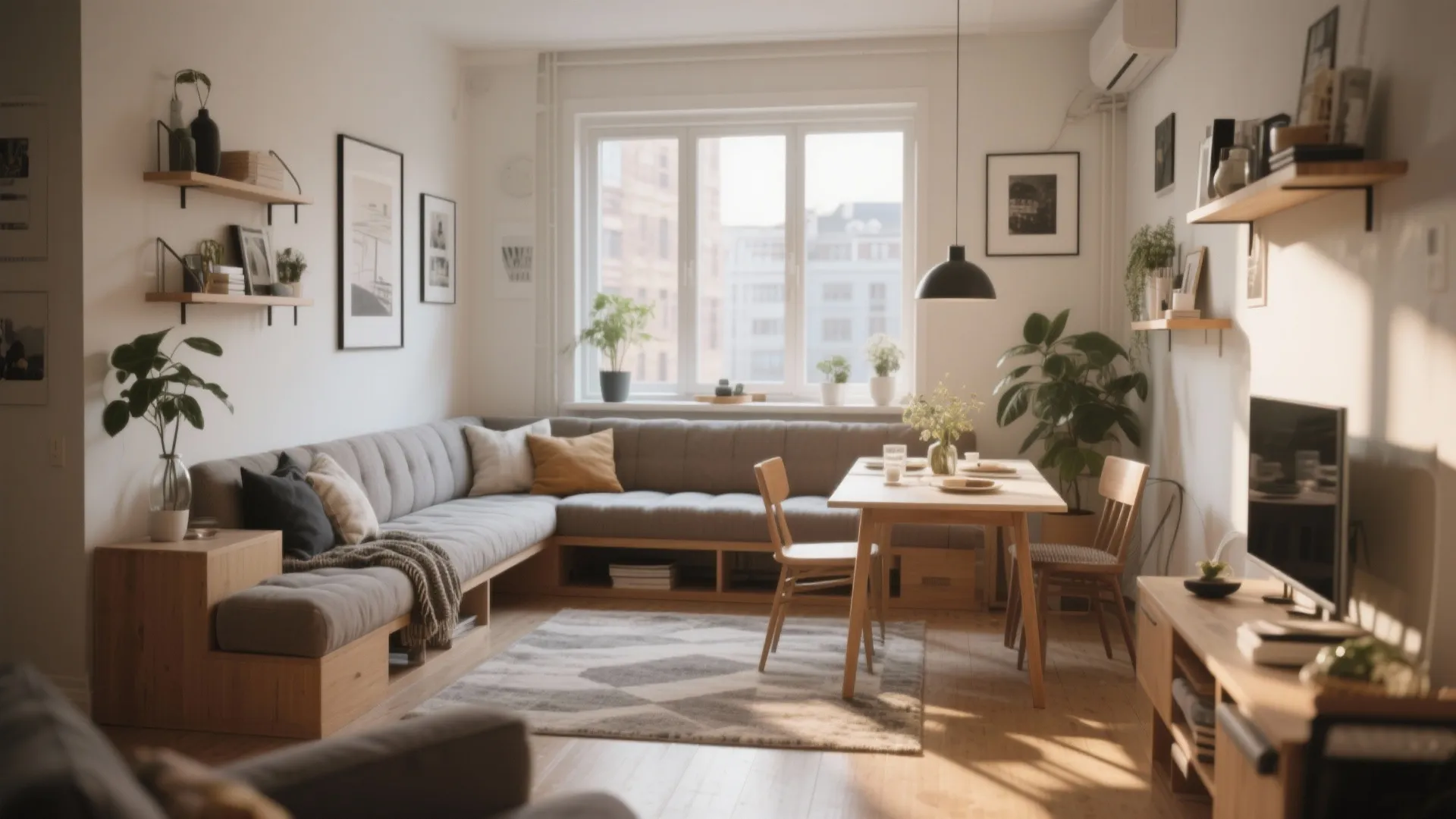 Modern apartment interior with grey corner sofa dining table wooden chairs and wall mounted shelves