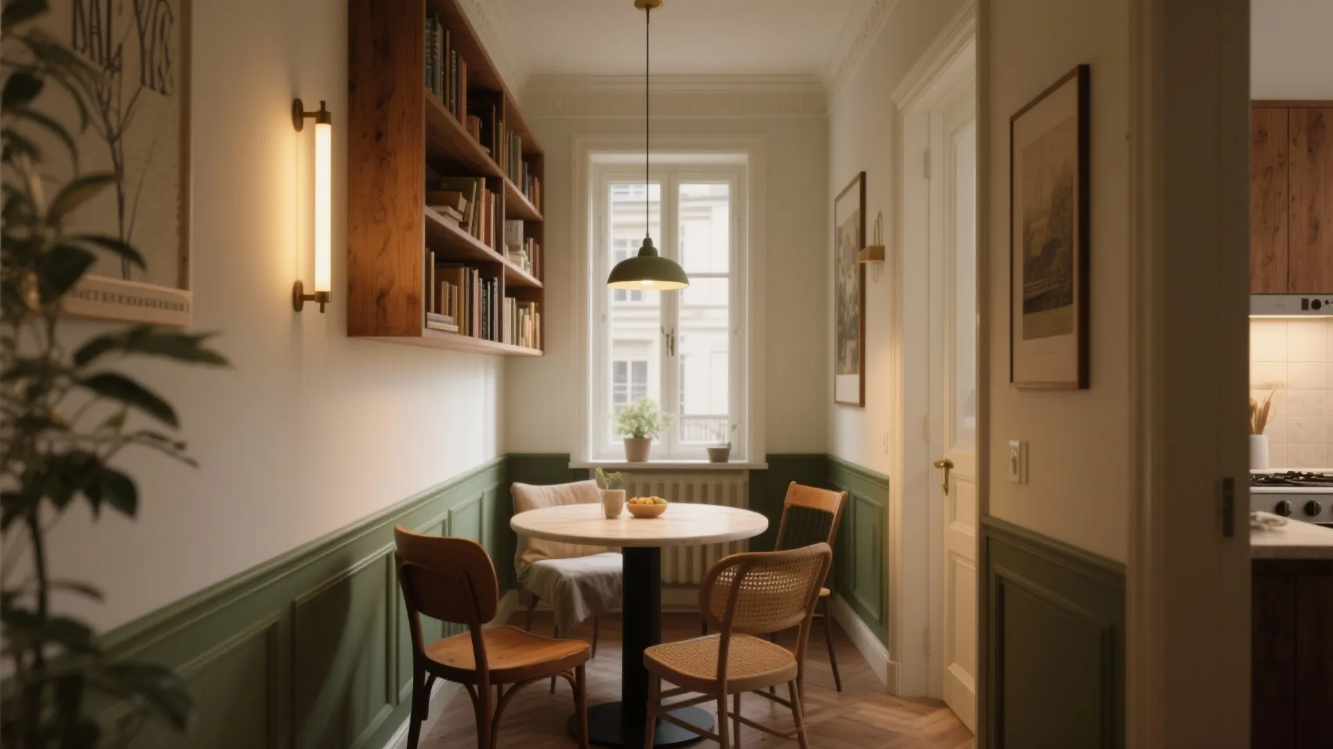 Small dining area with green wall panel wood table chairs book shelf and ceiling light