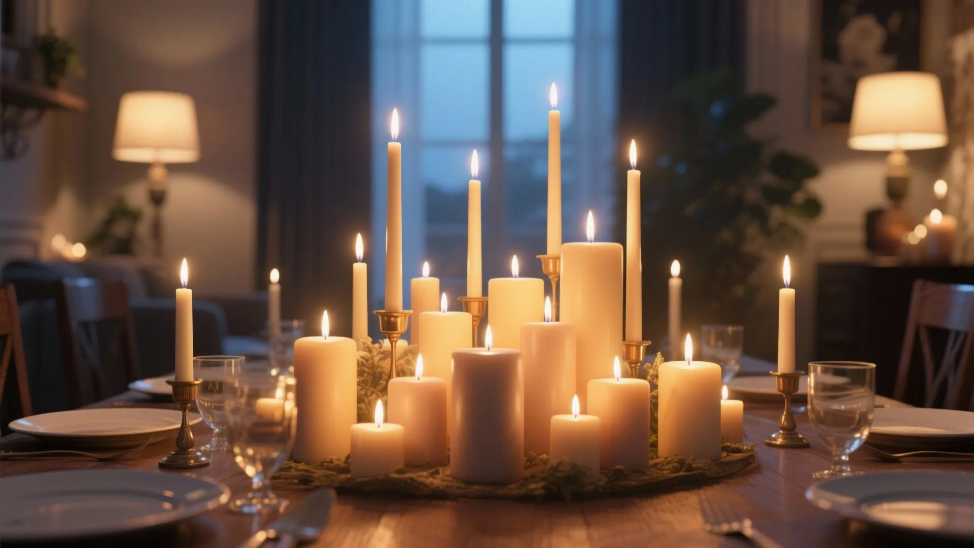 Many lit white candles of different heights used as a centerpiece on a dark wooden table