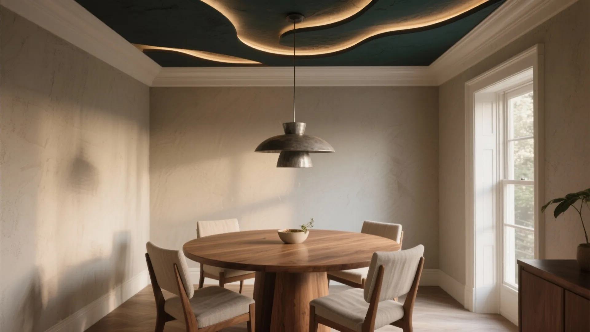 Modern dining room featuring round wooden table with metal ceiling light and dark wavy ceiling design