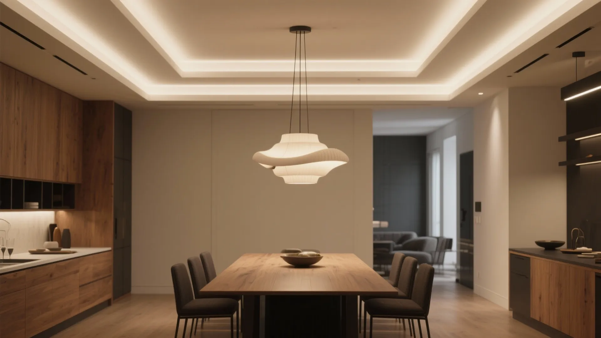 Modern dining room with wooden table dark chairs white ceiling light and warm hidden lighting