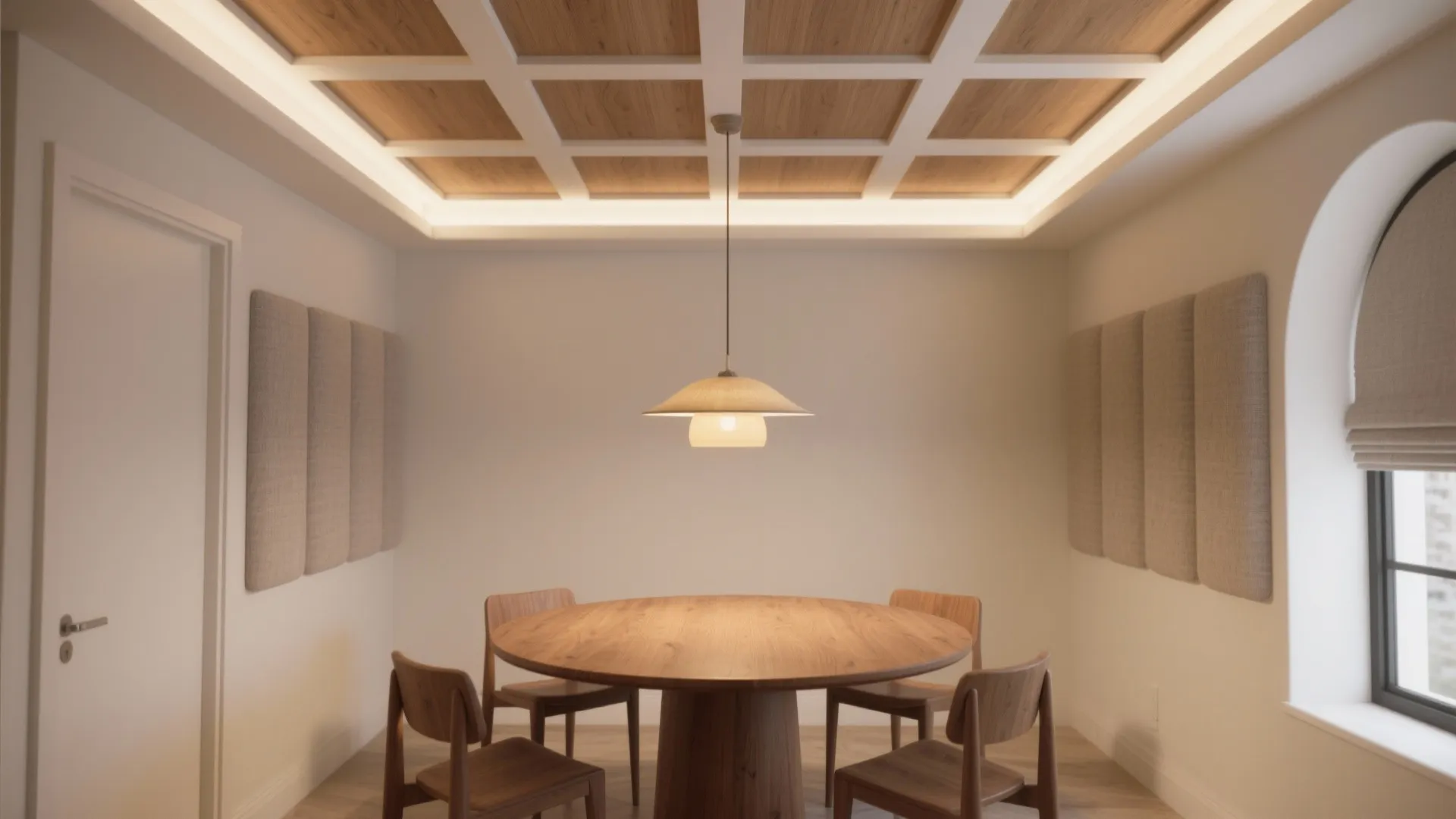 Modern dining room with round wood table and unique wood panel ceiling with warm lights