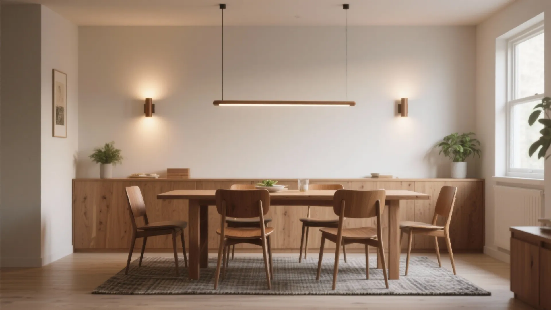 Minimalist wooden dining room with long table wood chairs linear ceiling light and wall lights