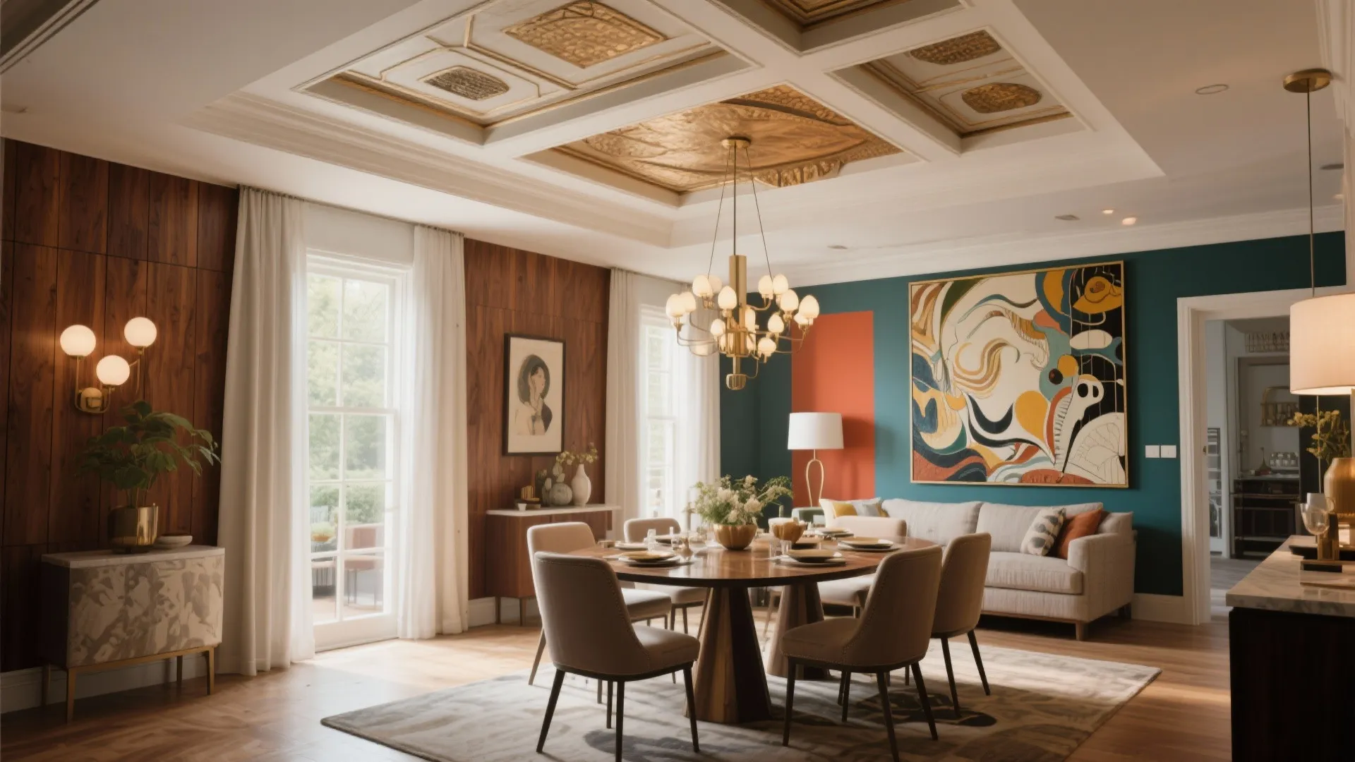 Dining room with gold ceiling light wooden table tan chairs sofa painting and wood wall panels