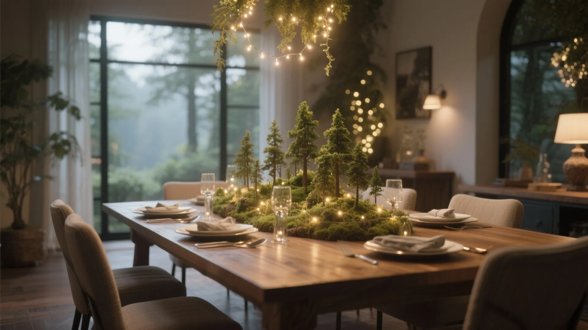 Wooden dining table featuring a moss centerpiece with small trees and fairy lights for dinner