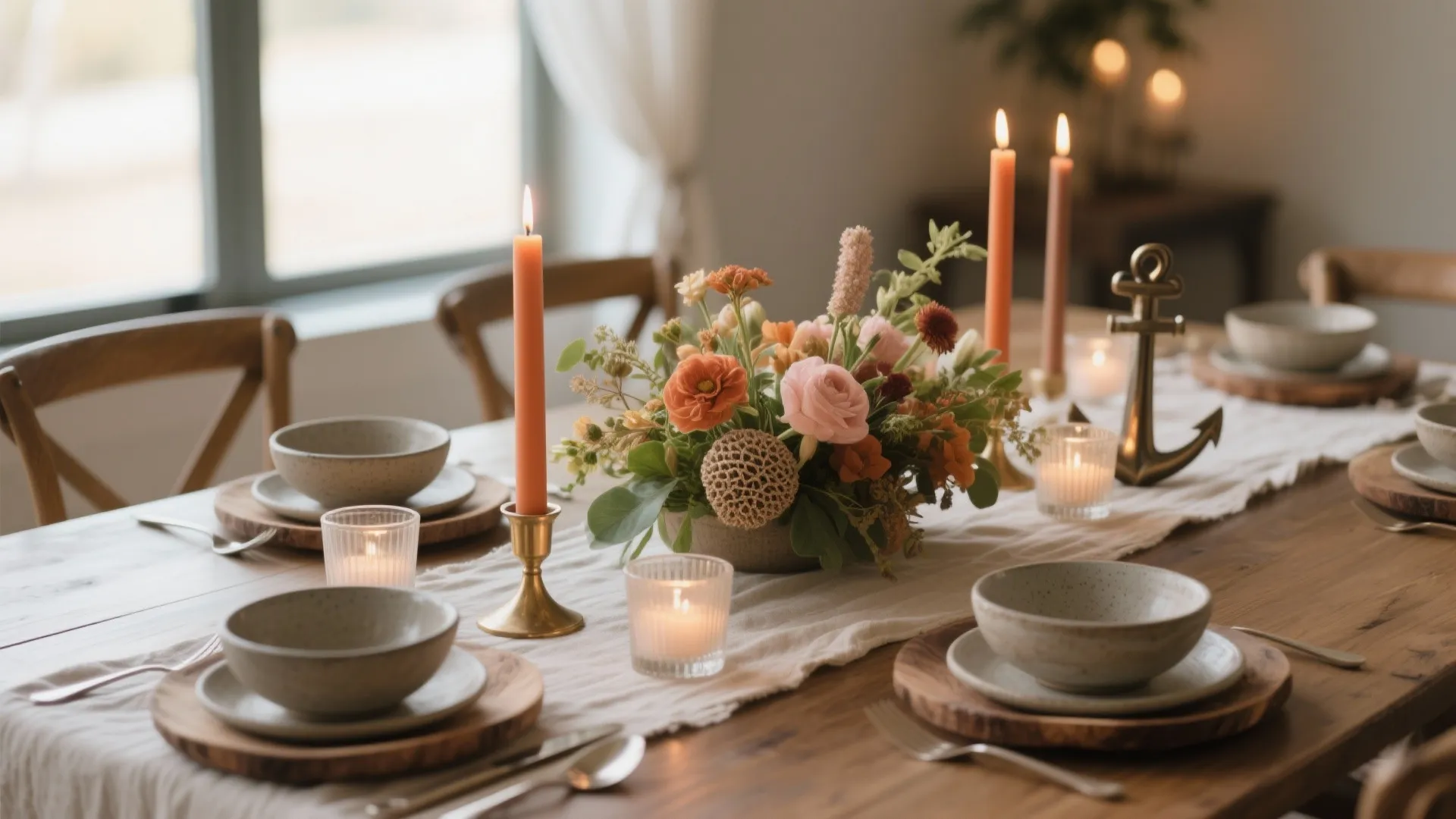 Wooden dining table decorated with orange candles orange and pink flowers small bowls and plates