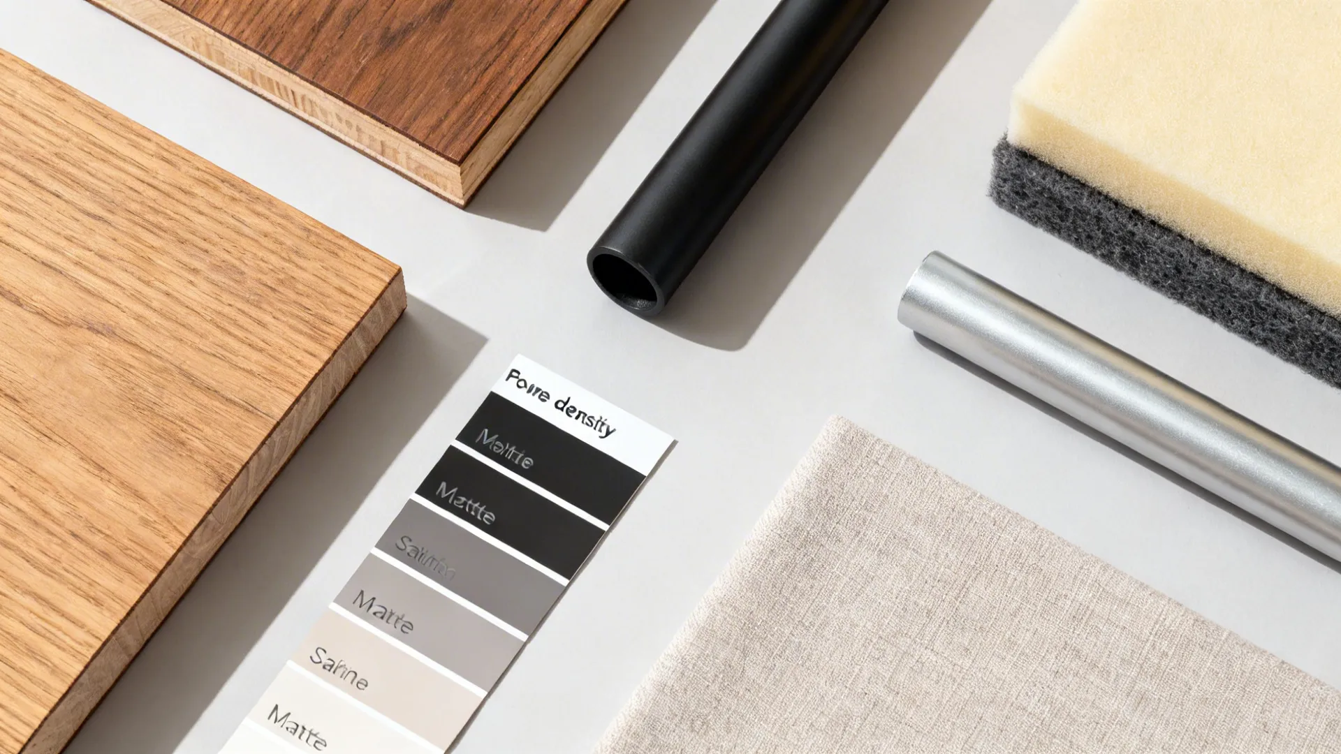 Flat lay of chair materials: wood, metal, felt pads, foam pieces, and neutral fabric swatches.