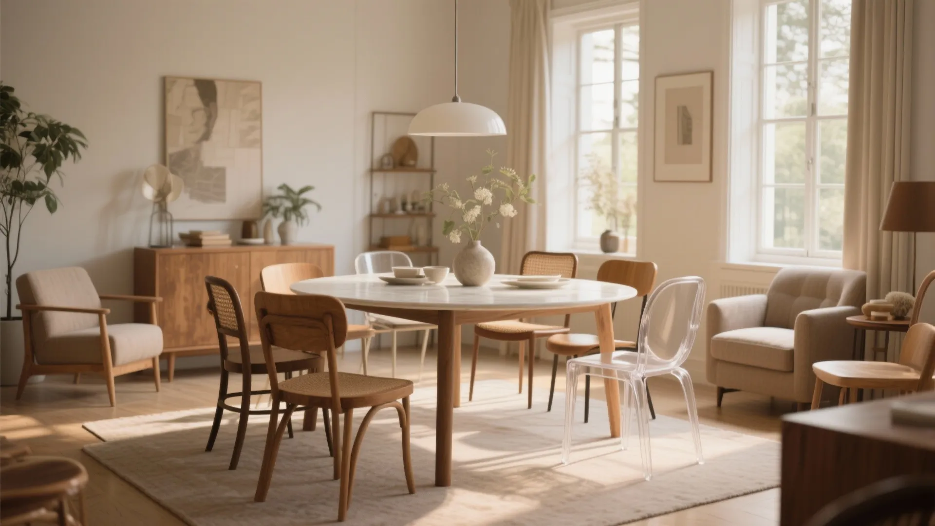 Modern dining room featuring round marble table mixed with wood and clear plastic chairs and light