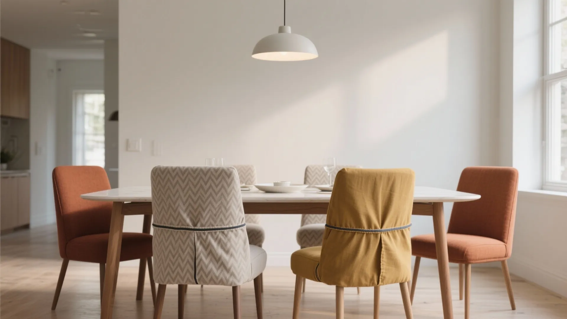Bright dining room with wooden table and chairs using yellow and grey patterned fabric covers
