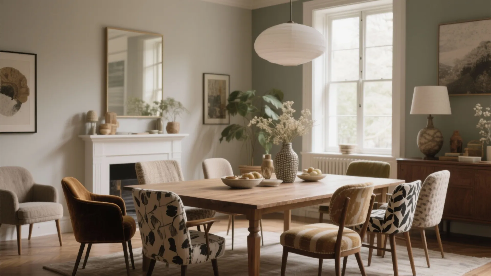 Dining room with wooden table and various chairs including patterned fabric and brown velvet seats