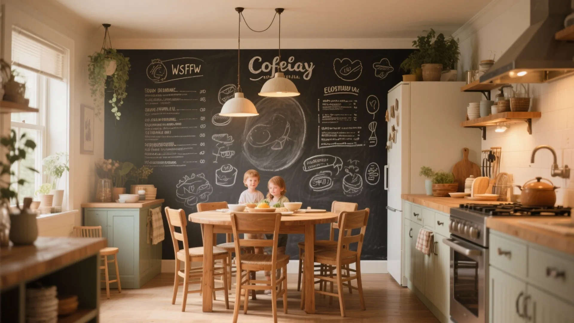 Kitchen dining area with a chalkboard wall and wooden table set under white ceiling light fixtures