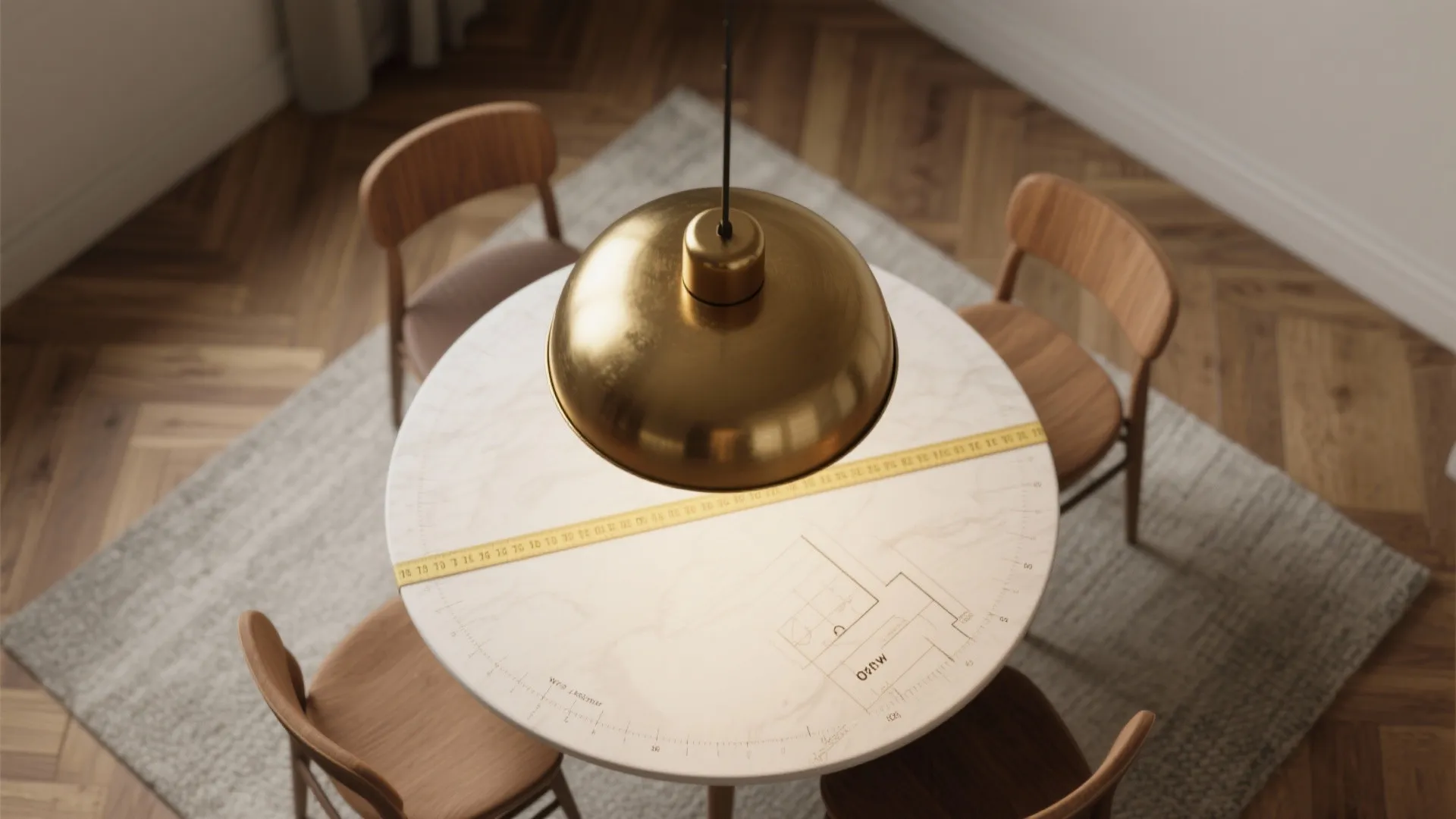 Top view of round dining table with yellow measuring tape, gold light fixture, and chairs