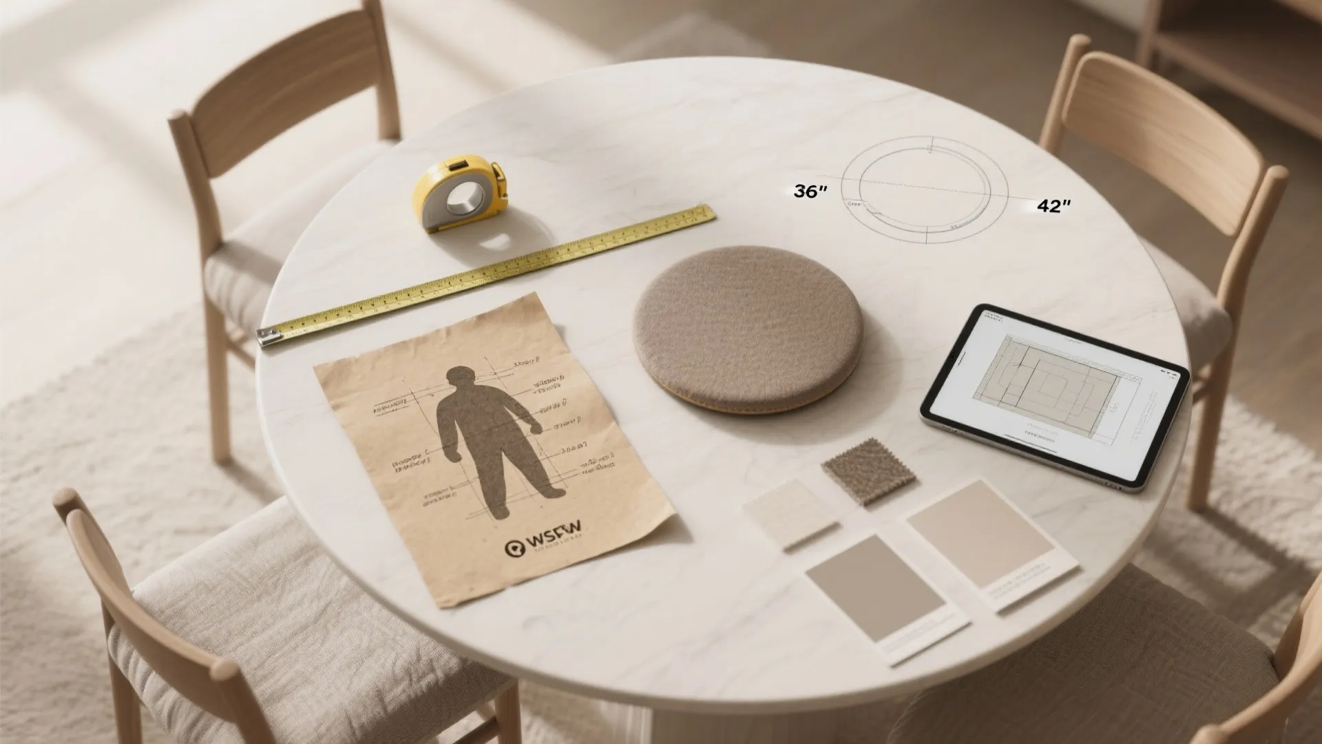 Round white table with measuring tape, sketch, fabric samples, and tablet showing room layout design