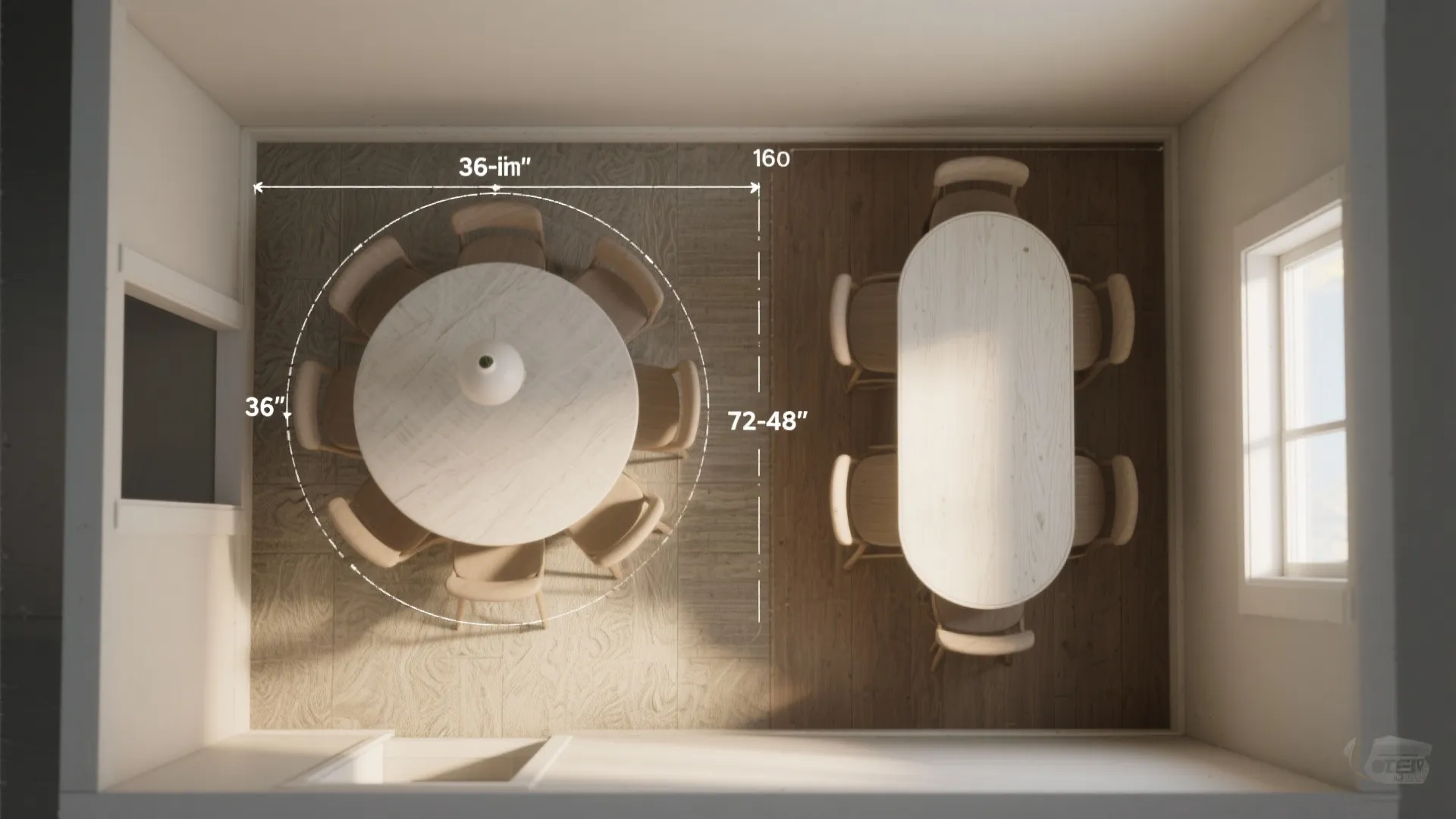 Top-down planning view showing clearance arcs and alternative table shapes for tiny dining nooks to illustrate seating and circulation.