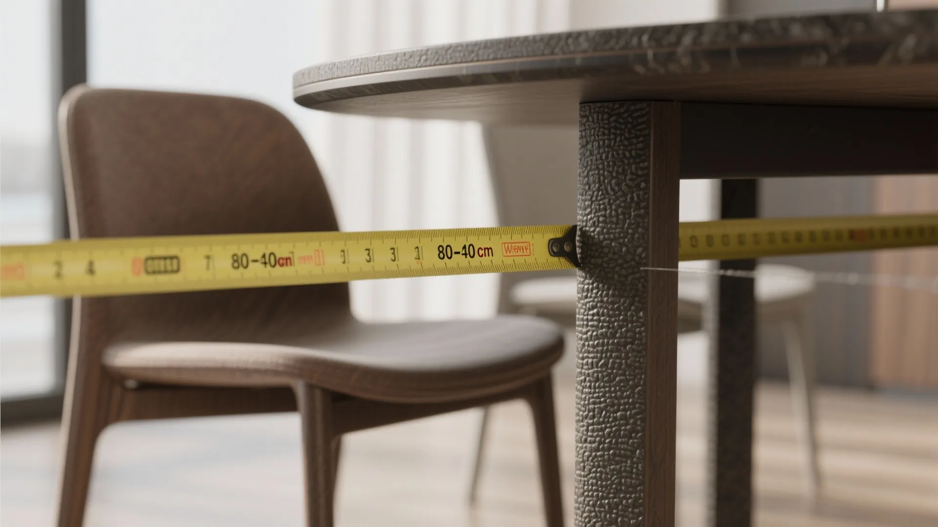 Yellow tape measure checking distance between a dark wooden table leg and a brown dining chair